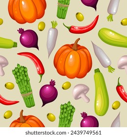 Vegetables on a light background. Vegetables pattern. Flat vector vegetables seamless pattern. Decorative background with vegetables. Beets, zucchini, pumpkin, chili, asparagus.