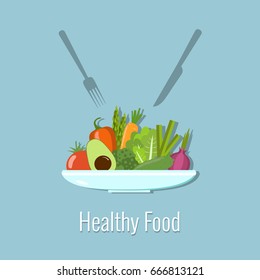 Vegetables on a plate. Healthy food vector illustration.