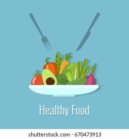 Vegetables on a plate. Healthy food vector illustration.