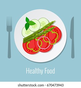 Vegetables on a plate. Healthy food vector illustration.