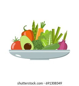 Vegetables on a plate. Healthy food vector illustration.