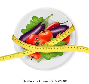 Vegetables on a plate with measuring tape. Dieting concept. Vector.