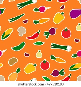 Vegetables on pseudo stickers. Seamless pattern. Illustration of vegetables with bright orange background. Concept background for kitchen theme.Thanksgiving Day.