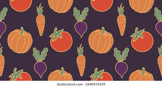 Vegetables on a purple background. Seamless pattern under clipping mask, convenient for editing. Pumpkin, tomato, carrot, beet. Background for paper, cover, textile.