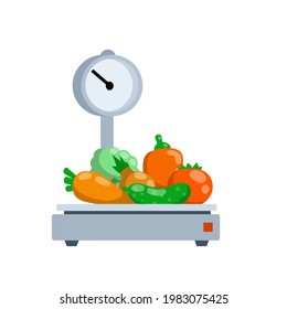 Vegetables on the scales. Shopping in a grocery store. Weighing of farm products. Decoration for the store and counter.