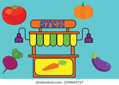 Vegetables on a stand. Vector illustration in flat style.
