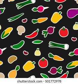 Vegetables on stickers. Seamless pattern. Illustration of vegetables with black background. Concept background for kitchen theme. Thanksgiving Day.