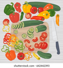 Vegetables on a table and cutting board, whole and sliced, knife next to it. Bell peppers, cucumbers, tomatoes. Vector clip-art.