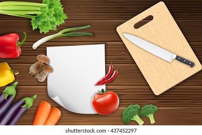Vegetables on the table with paper and a knife on a cutting board.Vector