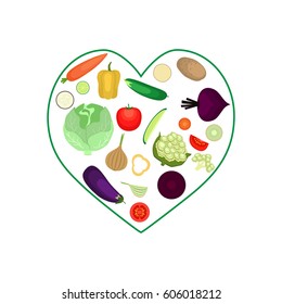 Vegetables on a white background in a frame in the shape of a heart. Healthy lifestyle. Cabbage, cauliflower, onion, beetroot, carrot, cucumber, tomato, potato, eggplant.