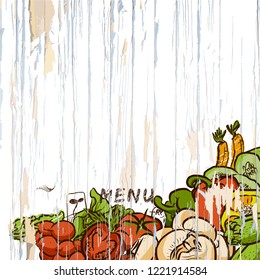 Vegetables on wood menu background. Vector food illustration.