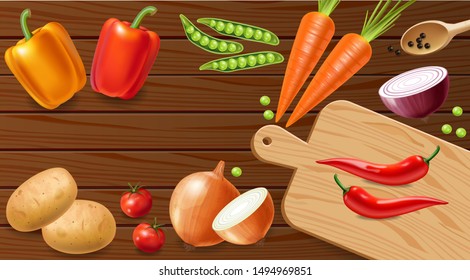 Vegetables on wooden table Vector realistic. Vegetarian dinner menu. Healthy food template poster