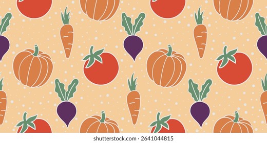 Vegetables on a yellow background. Seamless pattern under clipping mask, convenient for editing. Pumpkin, tomato, carrot, beet. Background for paper, cover, textile.