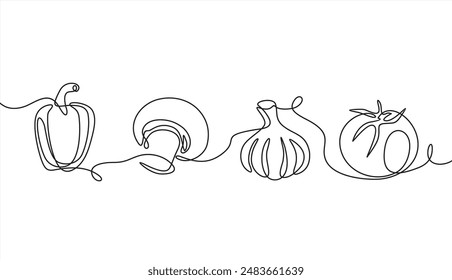 Vegetables one line set. Continuous line drawing of garlic, tomato, bell pepper, mushroom.