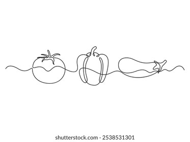 Verduras de una línea. Tomate, berenjena, pimiento, dibujo de línea continua. Ilustración vectorial