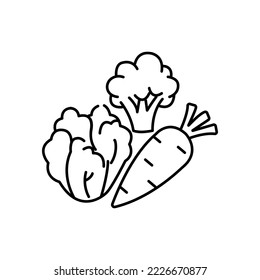 Verduras un trazo relacionado, perfecto en píxeles, editable, con un conjunto de iconos de vector de línea cuadrada escalable.