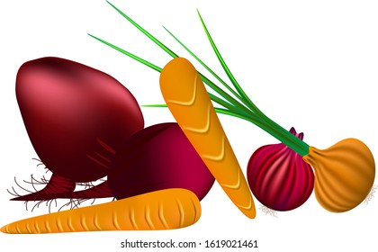 vegetables onion and green beetroot two pieces and carrots