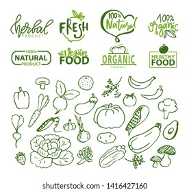 Vegetables and organic food logotypes vector, pepper and pumpkin, aubergine and avocado, banana and radish, cabbage with leaves sketches logo set, food stikers for vegetarian menu