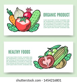 Vegetables organic food vector banner set. Veggie design with corn, tomato, cucumber and potato, carrot. Eco farming vegetates market advertisment.