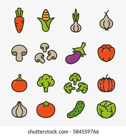 Vegetables Organic Vegetarian Food Minimalistic Color Flat Line Outline Stroke Icon Pictogram Symbol Set Collection