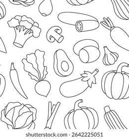 Vegetables outline pattern. Natural vegetarian foods. Vegetables design template for food market, ecommerce, products promotion.