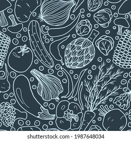 
Vegetables Umrissmuster auf Blau - handgezeichnete, nahtlose Vektorgrafik - für Küchengewebe, Umhüllung, Textilien, Tapeten, Hintergrund.