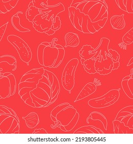 Vegetables outline seamless pattern. Red background with organic food icons. Vector illustration.