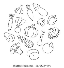 Contorno de legumes definido em círculo. Cenoura, tomate, cogumelo, pimenta, abacate, abóbora, brócolis, repolho, nabo, berinjela. Produtos hortícolas orgânicos frescos.