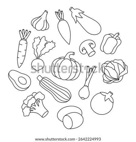 Vegetables outline set in circle. Carrot, tomato, mushroom, pepper, avocado, pumpkin, broccoli, cabbage, turnip, eggplant. Fresh organic vegetables.
