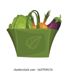 Vegetables Packed in Green Bag Isolated on White Background Vector Illustration