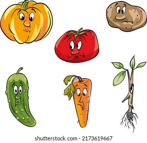Verduras con caras tristes pintadas