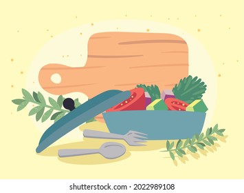vegetables in pan with kitchen board