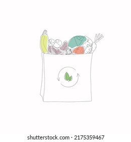 Vegetables in paper bag hand drawn vector illustration. Shopping bag with grocery. Linear icon, doodle drawing.