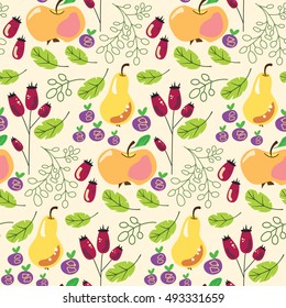 Vegetables pattern: apples, pears, briars and bilberries. Vector illustration