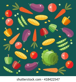 Vegetables pattern. Cabbage, tomato, carrot, eggplant, corn, peas, paprika icon set. Vector illustration.