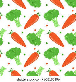 Vegetables pattern. Carrot and broccoli seamless pattern on white background