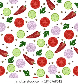 Vegetables pattern. Colored pieces of vegetables. Multi-colored colorful slices of food. Tomato, cucumber, onion, pepper, herbs, spices, parsley, condiments. Vegetarian healthy print.