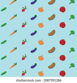 Patrón de verduras con berenjenas, cebollas, zanahorias, rábanas, pepinos, patatas, tomates, brócoli sobre fondo verde. Hortalizas frescas
