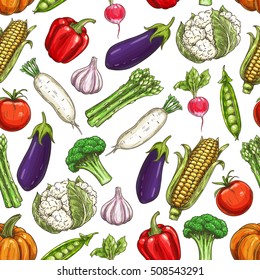 Vegetables pattern. Farm fresh vegetable icons on seamless pattern background. Vector elements of eggplant, garlic, pepper, pumpkin, corn, broccoli, peas, daikon radish, tomato, cauliflower