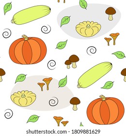 calabaza, médula vegetal, hongos, patrón vectorial de otoño. Ilustración para impresión, fondos, fondos de escritorio, cubiertas, embalaje, tarjetas de felicitación, carteles, pegatinas, textiles y diseño estacional.