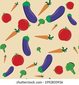Vegetables pattern from fresh  tomatoes, broccoli  , carrots, eggplants  on a beige  background. creative summer  vegetable concept.