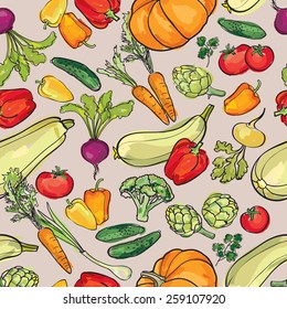 Vegetables pattern. Garden harvest seamless background.