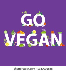 Vegetables pattern with an inscription go vegan, for web and print decoration, vector , Healthy food, cartoon illustration
