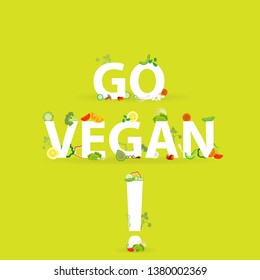 Vegetables pattern with an inscription go vegan, for web and print decoration, vector , Healthy food, cartoon illustration