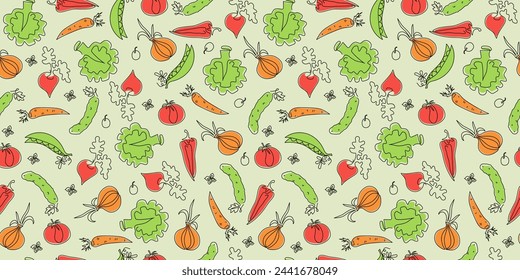 Vegetables pattern, line drawings. Set vegetarian food. One line drawing. Vector graphics. Seamless background.