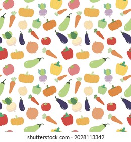 Vegetables pattern: onion, radish, tomato, pumpkin, carrot, pepper, eggplant on white isolated background