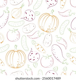 Vegetables are a pattern. Seamless pattern with the image of vegetables such as pumpkin, beetroot, cucumber,potatoes and also pepper, eggplant and carrots. Vegetables in a linear style. Vector