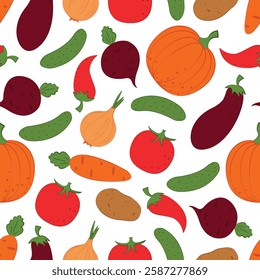 Vegetables are a pattern. Seamless pattern with the image of vegetables such as pumpkin, beetroot, cucumber,potatoes and also pepper, eggplant and carrots. Vegetables in a linear style. Vector