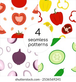 Conjunto de patrón de verduras. Colección de impresiones sin fisuras de ensalada. Tomate, pepino, pimienta. Aros de cebolla, trozos. Rebanadas de comida vegana saludable. Cosecha. Diseño plano. Ilustración vectorial.