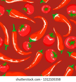 Vegetables pattern for tomato paste or sauce. Cherry tomatoes and red hot chili peppers. Vegetables for cooking or fresh from the garden. Seamless pattern.
